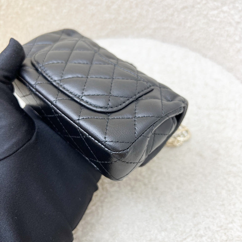 Chanel Classic Mini Bag with Hook Bag Charm with Pearls and Crystals in Black Lambskin and LGHW (Model: AP4760)