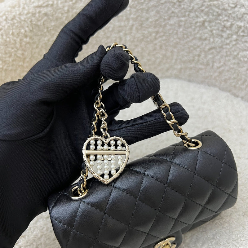 Chanel Classic Mini Bag with Hook Bag Charm with Pearls and Crystals in Black Lambskin and LGHW (Model: AP4760)