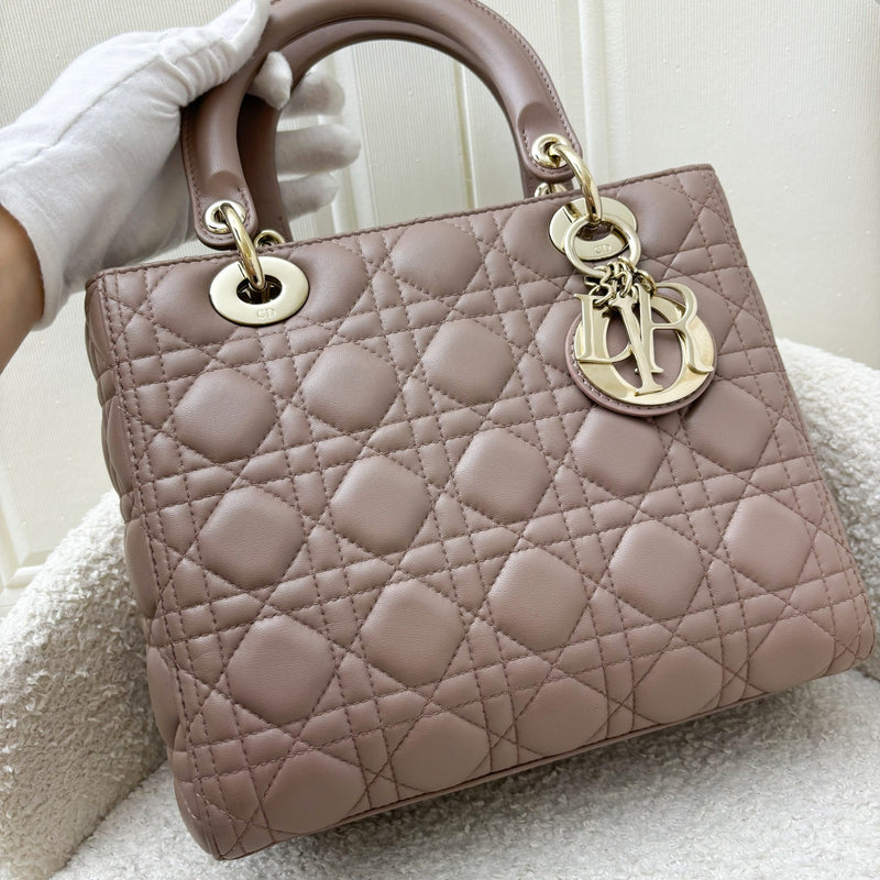 Dior Medium Lady Dior in Blush Pink Lambskin and LGHW (New Version with Adjustable Strap)