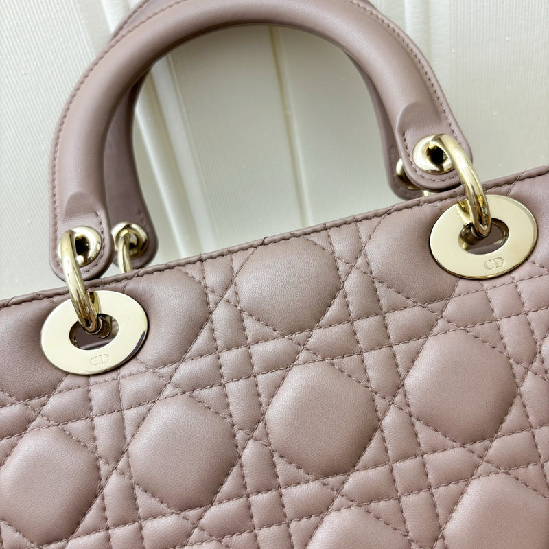 Dior Medium Lady Dior in Blush Pink Lambskin and LGHW (New Version with Adjustable Strap)