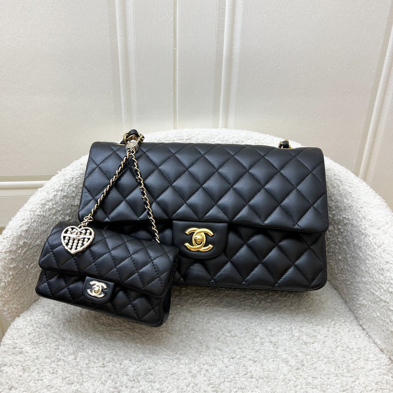 Chanel Classic Mini Bag with Hook Bag Charm with Pearls and Crystals in Black Lambskin and LGHW (Model: AP4760)