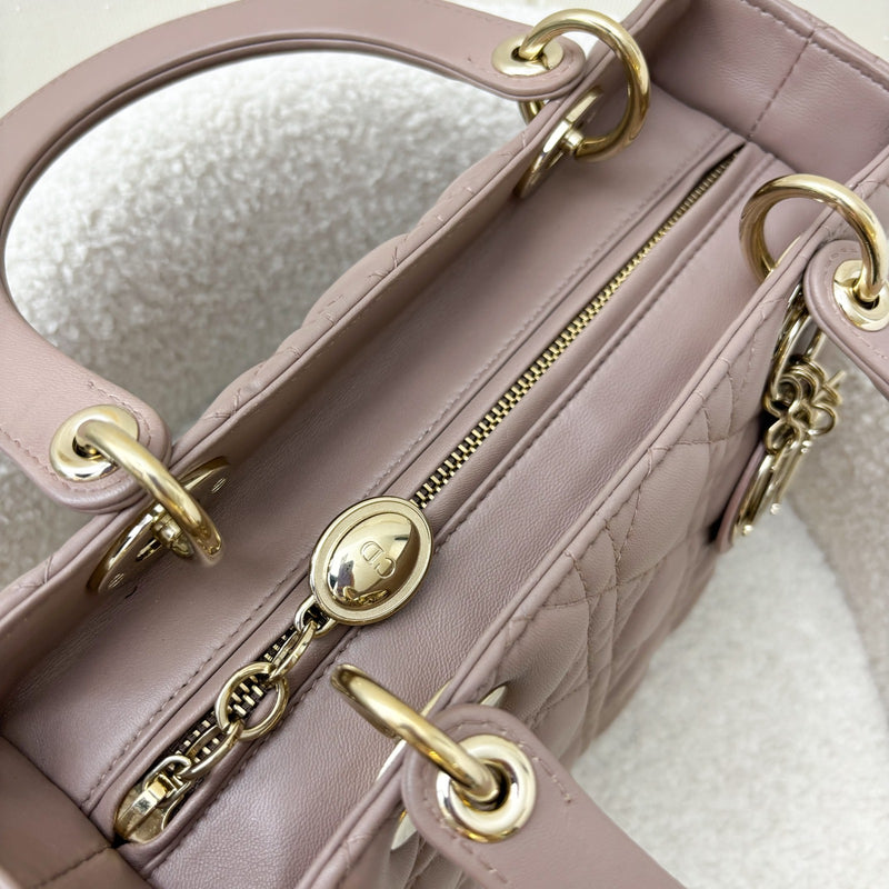 Dior Medium Lady Dior in Blush Pink Lambskin and LGHW (New Version with Adjustable Strap)