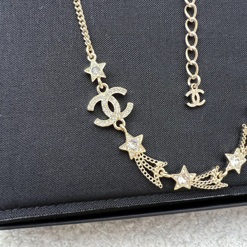 Chanel 25B Shooting Stars Necklace with Diamantés in Light Gold HW (Model: ABG338)