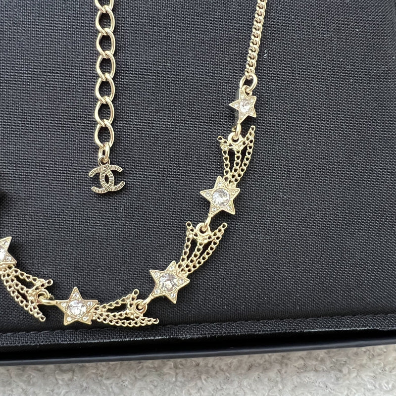 Chanel 25B Shooting Stars Necklace with Diamantés in Light Gold HW (Model: ABG338)