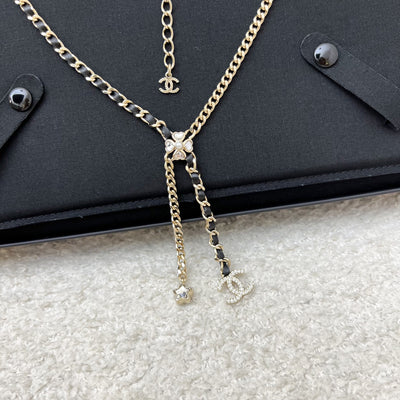 Chanel 25B Flower, Star and CC Logo Necklace with Black Leather and Crystals in Light Gold HW (Model: ABG287)