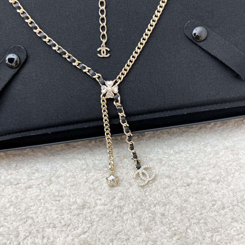 Chanel 25B Flower, Star and CC Logo Necklace with Black Leather and Crystals in Light Gold HW (Model: ABG287)