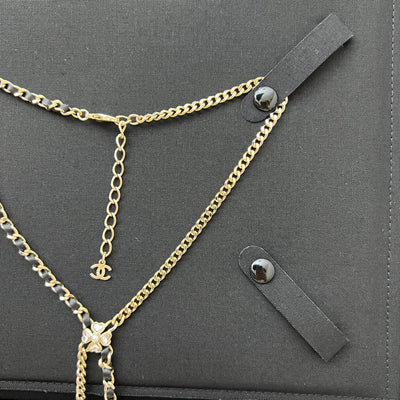 Chanel 25B Flower, Star and CC Logo Necklace with Black Leather and Crystals in Light Gold HW (Model: ABG287)