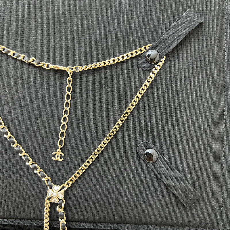 Chanel 25B Flower, Star and CC Logo Necklace with Black Leather and Crystals in Light Gold HW (Model: ABG287)