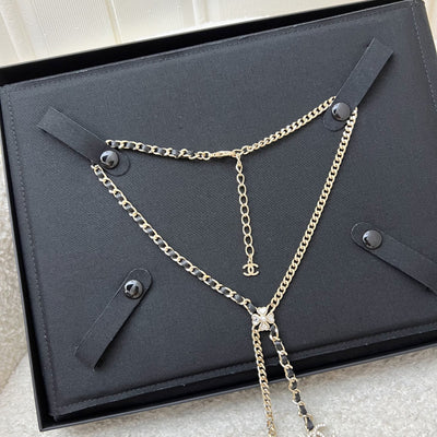 Chanel 25B Flower, Star and CC Logo Necklace with Black Leather and Crystals in Light Gold HW (Model: ABG287)