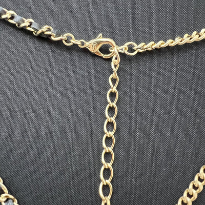 Chanel 25B Flower, Star and CC Logo Necklace with Black Leather and Crystals in Light Gold HW (Model: ABG287)