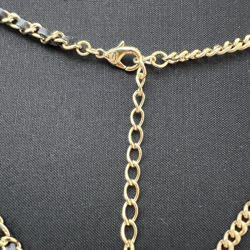 Chanel 25B Flower, Star and CC Logo Necklace with Black Leather and Crystals in Light Gold HW (Model: ABG287)