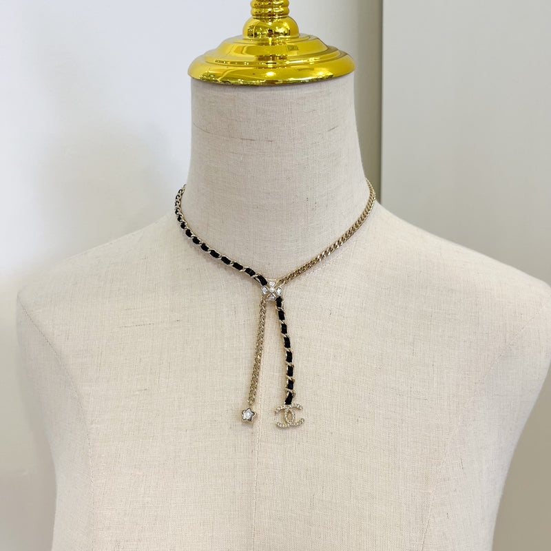 Chanel 25B Flower, Star and CC Logo Necklace with Black Leather and Crystals in Light Gold HW (Model: ABG287)