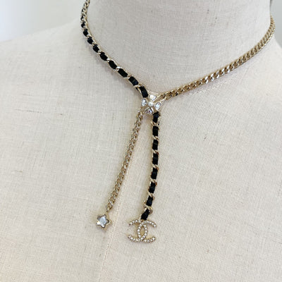 Chanel 25B Flower, Star and CC Logo Necklace with Black Leather and Crystals in Light Gold HW (Model: ABG287)