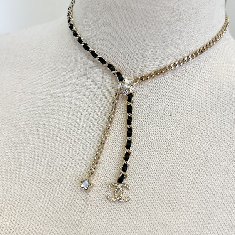 Chanel 25B Flower, Star and CC Logo Necklace with Black Leather and Crystals in Light Gold HW (Model: ABG287)