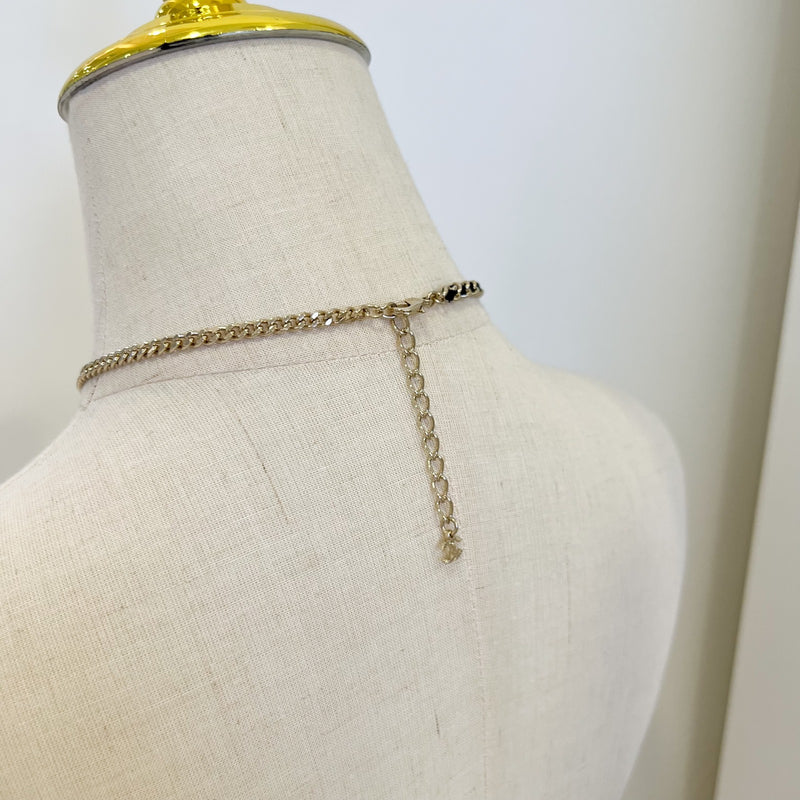Chanel 25B Flower, Star and CC Logo Necklace with Black Leather and Crystals in Light Gold HW (Model: ABG287)