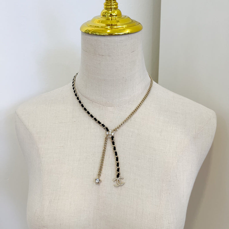 Chanel 25B Flower, Star and CC Logo Necklace with Black Leather and Crystals in Light Gold HW (Model: ABG287)