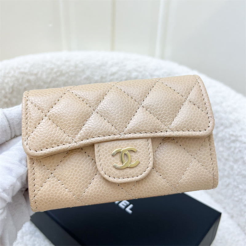 Chanel Classic Snap Card Holder in Beige Caviar and GHW