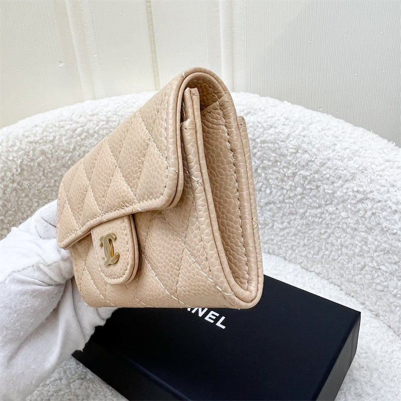 Chanel Classic Snap Card Holder in Beige Caviar and GHW