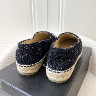 Chanel Espadrilles in Black Tweed and Silver Lambskin Sz 36