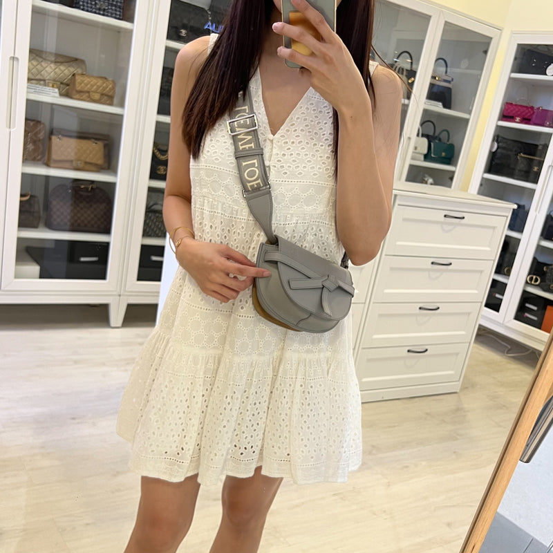 Loewe Mini Gate Dual Bag in Pearl Grey Calfskin and Jacquard Strap SHW (Model: A650N46X13)