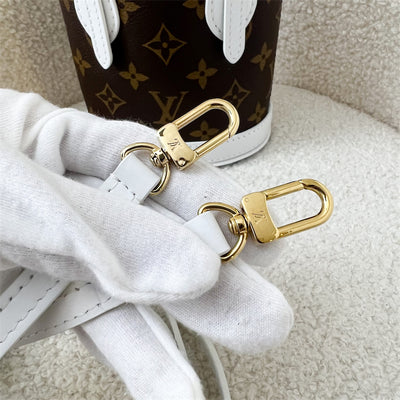 LV Nano Bucket Bag with Top Handle in White Leather and Monogram Canvas GHW (No Attached Pouch)