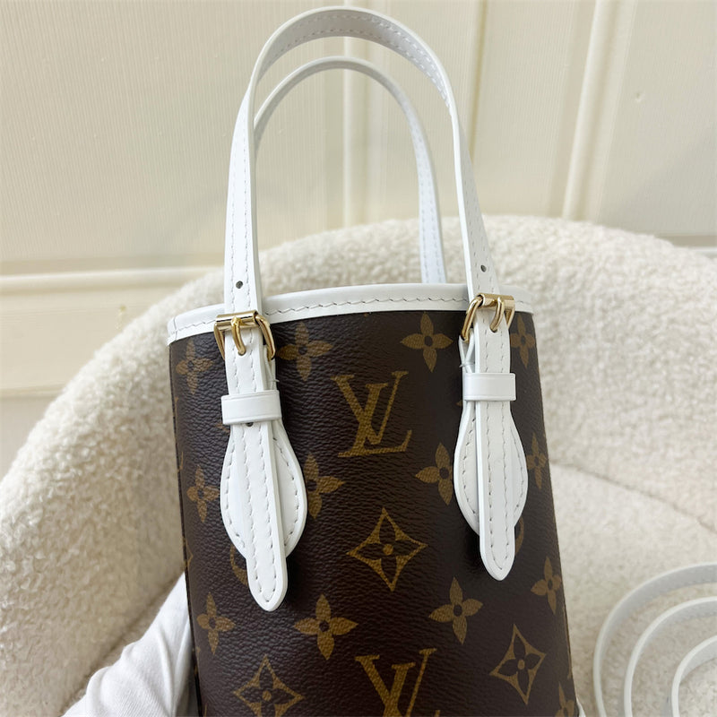 LV Nano Bucket Bag with Top Handle in White Leather and Monogram Canvas GHW (No Attached Pouch)