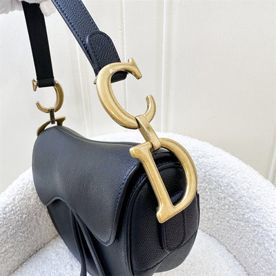 Dior Medium Saddle Bag in Black Grained Calfskin and AGHW (With Guitar Strap)