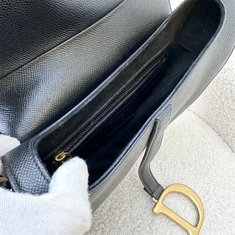 Dior Medium Saddle Bag in Black Grained Calfskin and AGHW (With Guitar Strap)