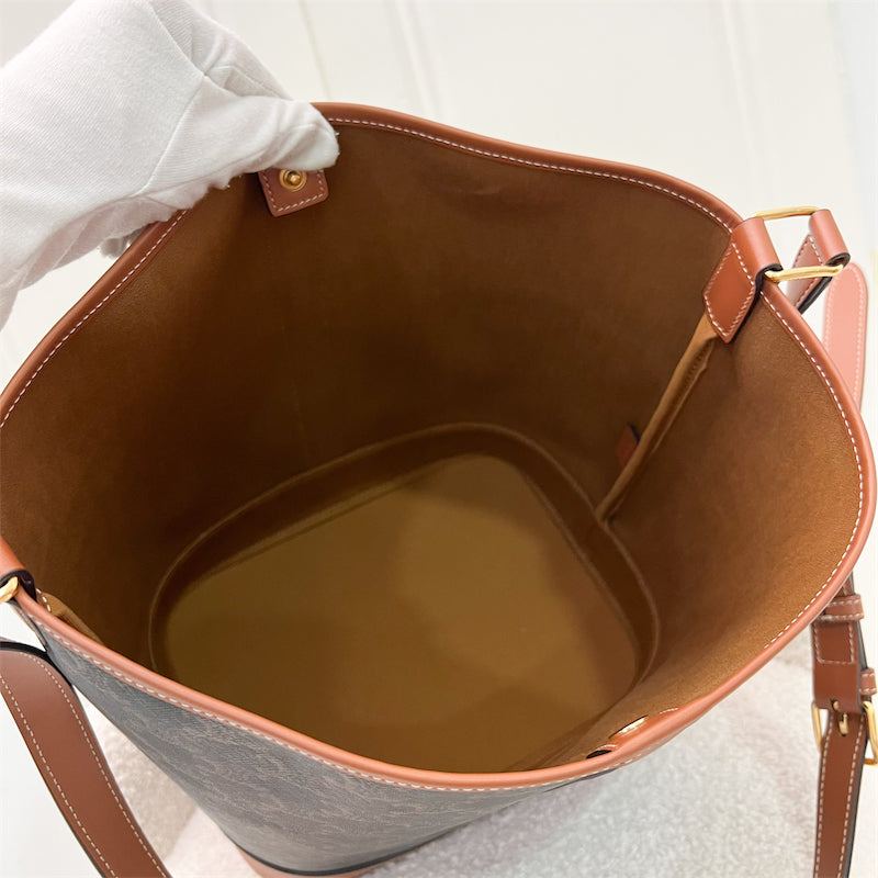 Celine Triomphe Bucket Bag in Triomphe Canvas, Tan Calfskin and GHW