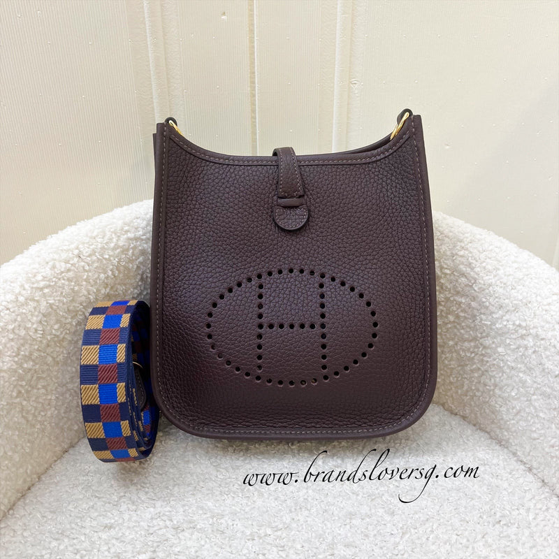 Hermes Mini Evelyne 16 TPM in Rouge Sellier Clemence Leather with Quadrille Strap and GHW