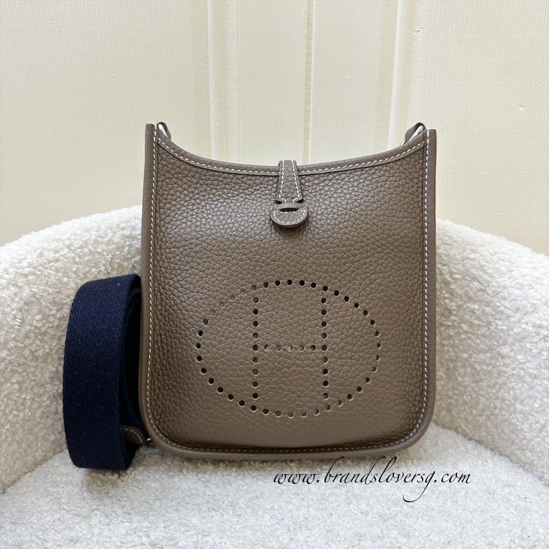 Hermes Mini Evelyne 16 TPM in Etoupe Clemence Leather with Bleu Indigo Strap and PHW