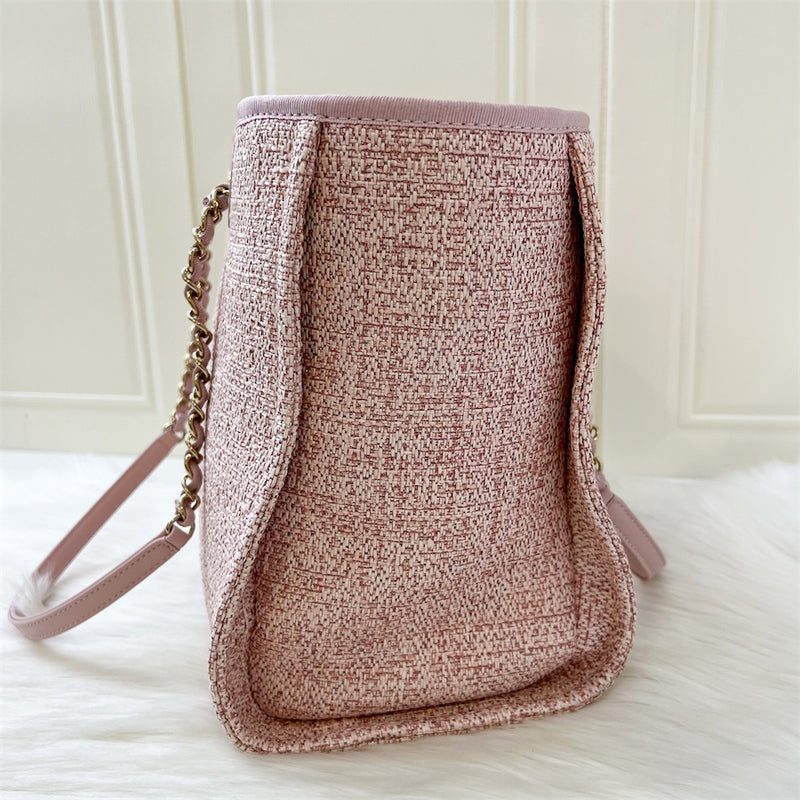 Chanel Small / Medium Deauville Tote in Pink Fabric, Gold Lettering and LGHW