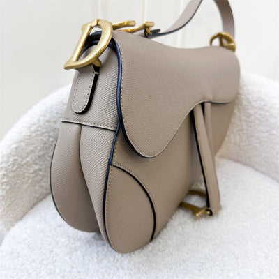 Dior Medium Saddle Bag in Beige Grained Calfskin and AGHW (With Strap)