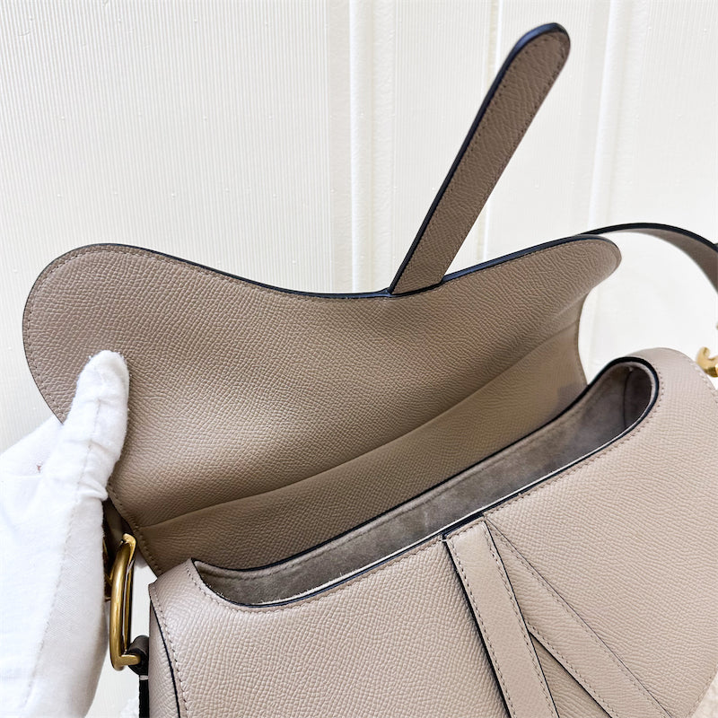 Dior Medium Saddle Bag in Beige Grained Calfskin and AGHW (With Strap)
