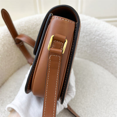 Celine Teen Triomphe Flap Bag in Triomphe Canvas, Tan Calfskin and GHW