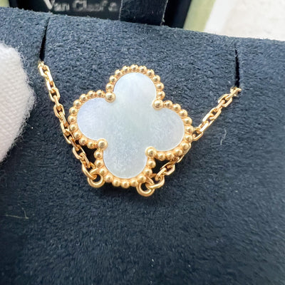 Van Cleef & Arpels VCA Vintage Alhambra Single Motif Pendant Necklace with Mother of Pearl MOP in 18K Yellow Gold (Extended Length)