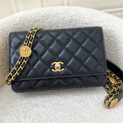 Chanel 22A "Twist Your Buttons" Wallet on Chain WOC in Black Caviar and AGHW