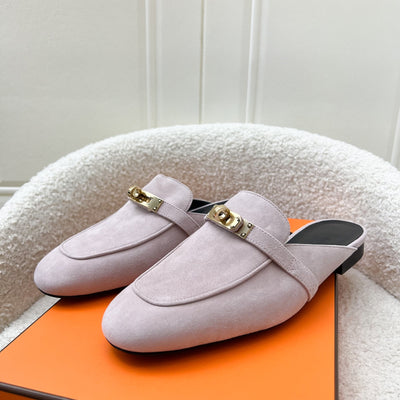 Hermes Kelly Buckle Oz Mules in Rose Porcelaine Goat Suede Leather and Permabrass HW Sz 38