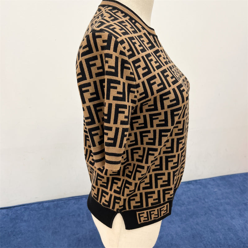 Fendi Knitted Short Sleeve Sweater / Jumper in Brown FF Motif