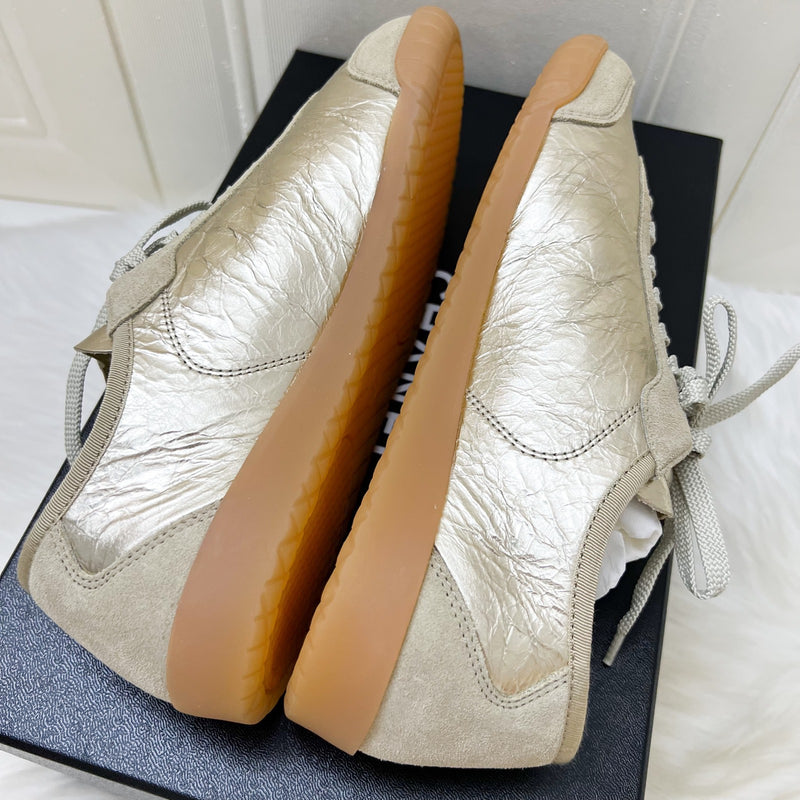Chanel 25A Sneakers in Light Gold Crumpled Laminated Calfskin and Beige Suede Calfskin Sz 37.5 (Model: G46614)