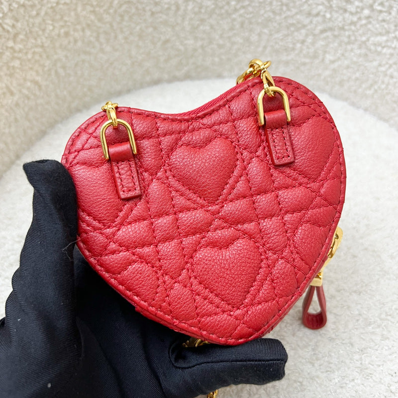 Dior Caro Heart Pouch with Chain in Red Calfskin and GHW