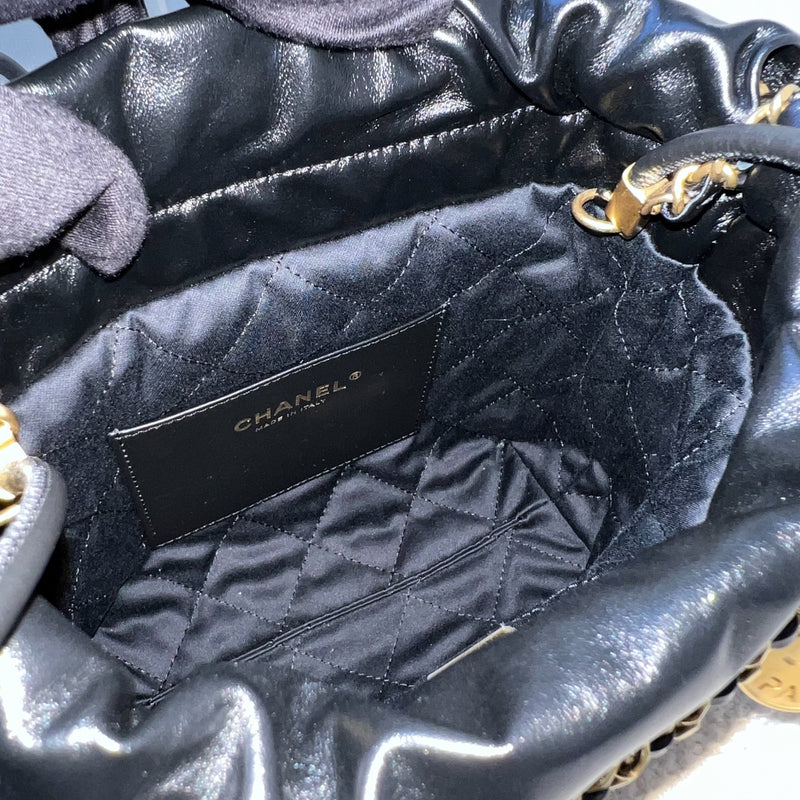 Chanel 22 Mini Hobo Handbag in 24S Striped Black and White Shiny Calfskin and AGHW (Detachable Strap)