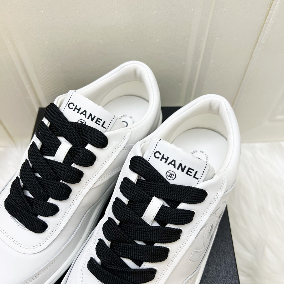 Chanel 24P CC Logo Sneakers in White Calfskin Sz 38 (Model: G39978