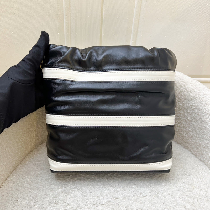 Chanel 22 Mini Hobo Handbag in 24S Striped Black and White Shiny Calfskin and AGHW (Detachable Strap)