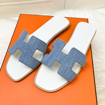 Hermes Oran Sandals in Bleu Clair Denim Sz 35.5