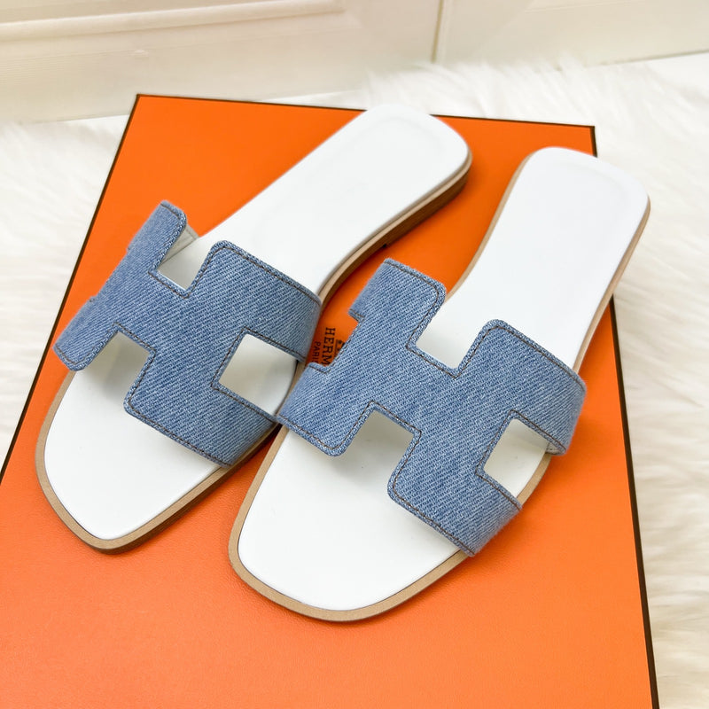 Hermes Oran Sandals in Bleu Clair Denim Sz 35.5