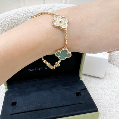 Van Cleef & Arpels VCA Vintage Alhambra 5 Motifs Bracelet with Malachite and Paved Diamonds in 18K Yellow Gold (Ref: VCARO7GQ00)
