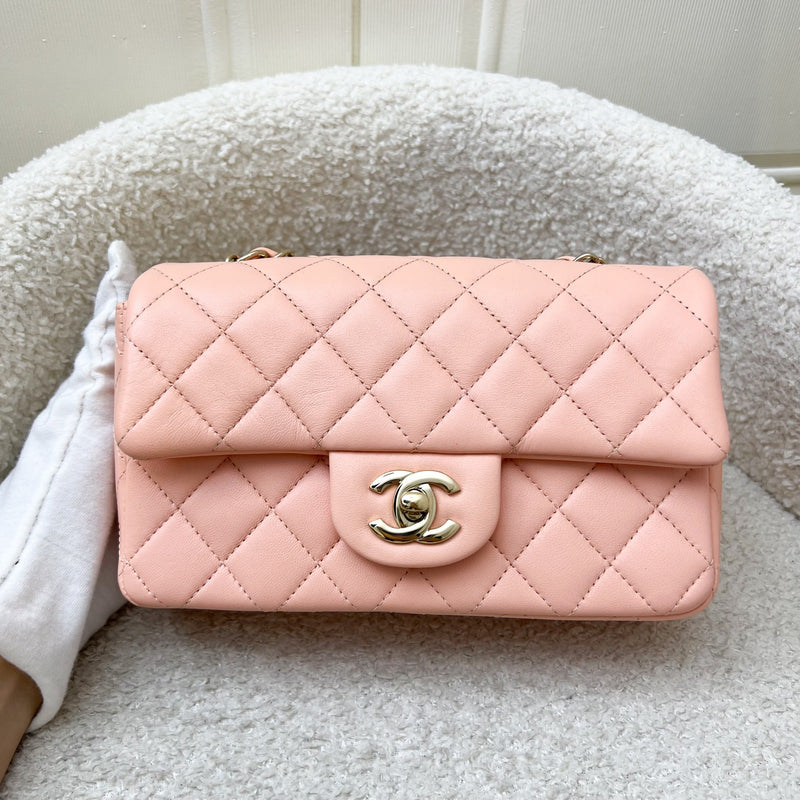 Chanel Classic Mini Rectangle in 22C Peach Pink Lambskin and LGHW (Model: A69900)