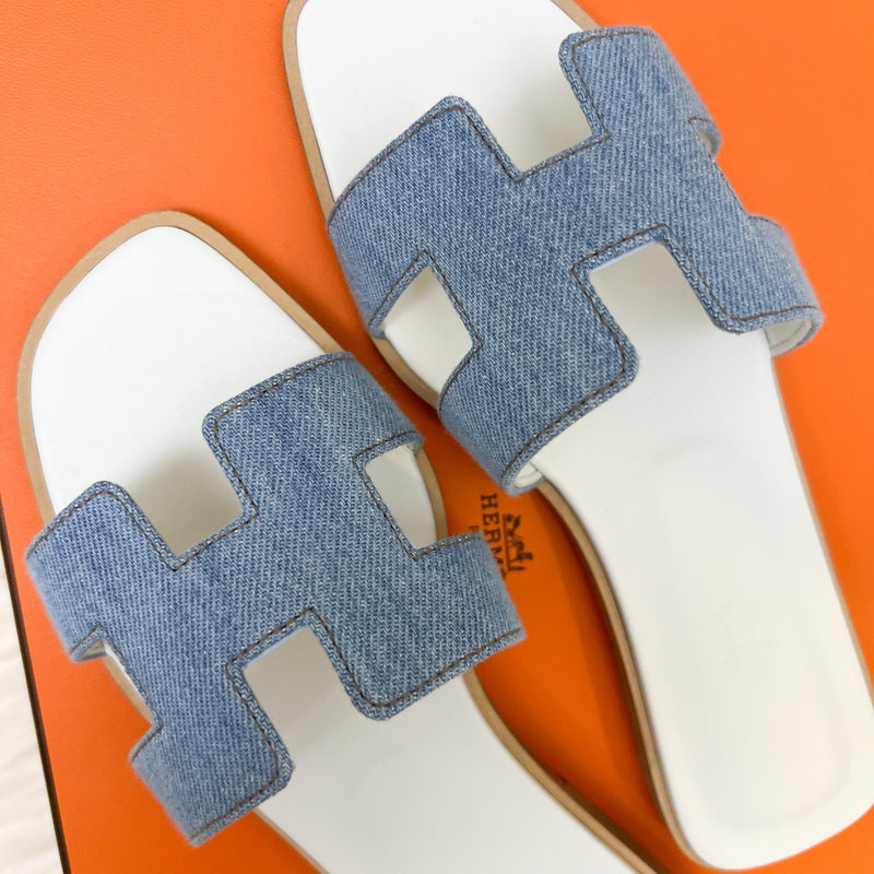 Hermes Oran Sandals in Bleu Clair Denim Sz 35.5