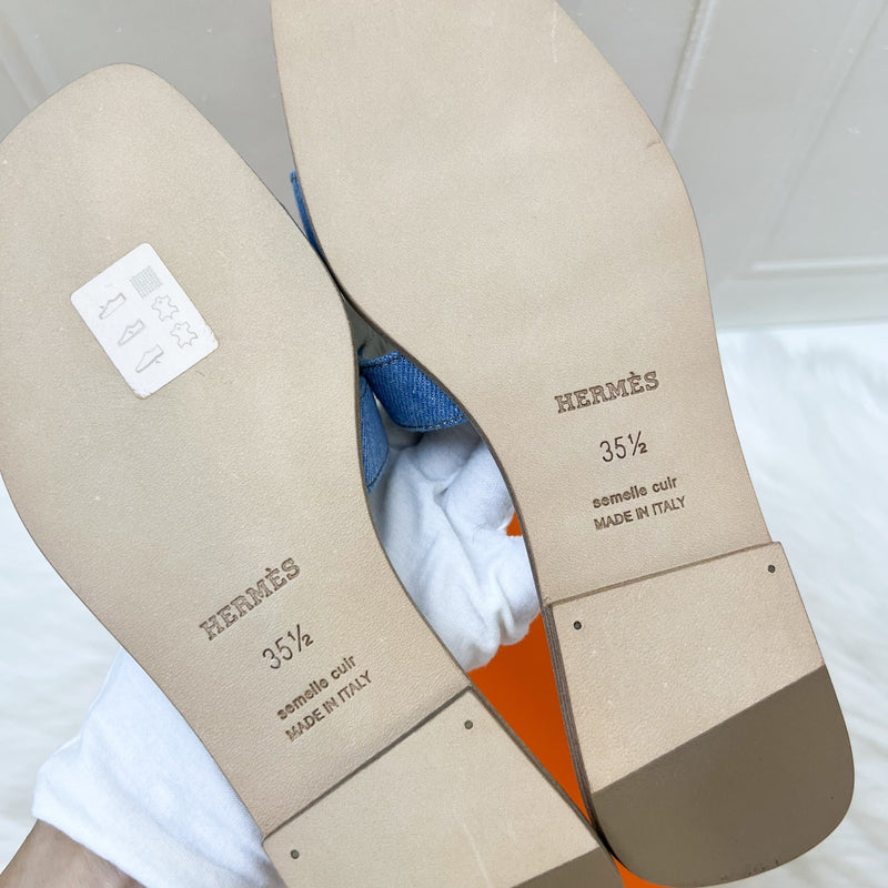 Hermes Oran Sandals in Bleu Clair Denim Sz 35.5